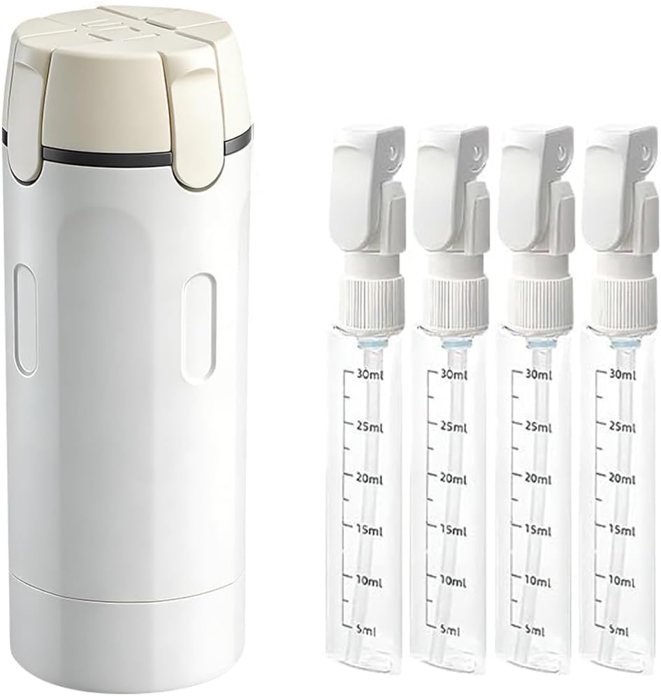 Travel Toiletry Dispenser - 4-in-1 Leak Proof Bottles with Scale & Labels | Ideal for Shampoo, Lotion, Shower Gel - White