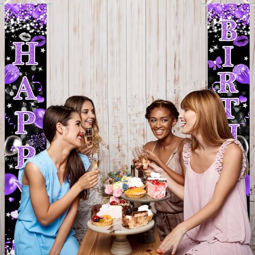 Purple Happy Birthday Banner Set - Glittery Porch Signs for Parties