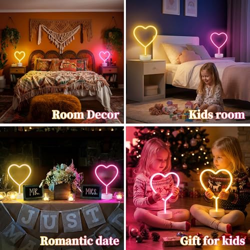 Heart Neon Signs - 2 Pack LED Pink Lights for Home Decor