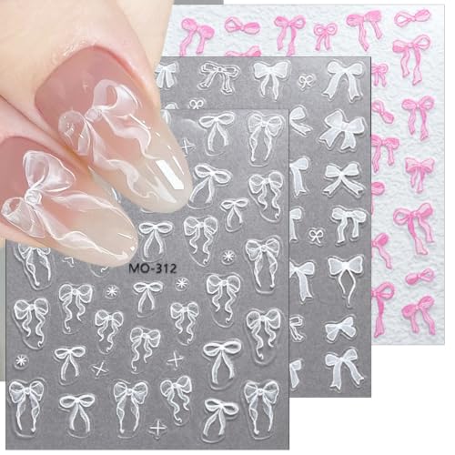 5D Bow Nail Art Stickers - 3 Sheets of Pink & White Self-Adhesive Decals