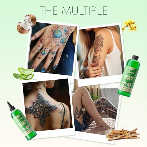 Jconly 16.9oz Alcohol-Free Green Tattoo Soap with Witch Hazel & Aloe Vera - Skin Care & Ink Removal Solution, Foaming Bottle Included