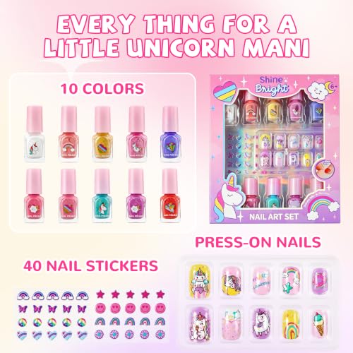Kids Unicorn Nail Polish Kit - Water-Based Peel-Off Colors, Stickers & Press-On Nails