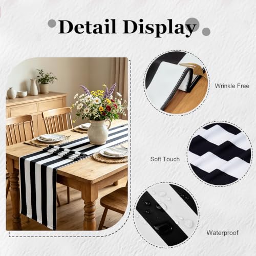 Waterproof Black and White Striped Table Runner 14"x72" for Dining & Events