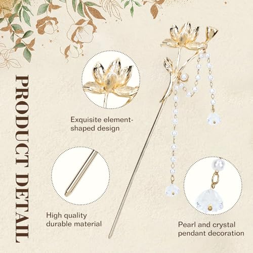 Lawie 10 Pack Retro Gold Metal Hair Sticks with Pearl Dangles
