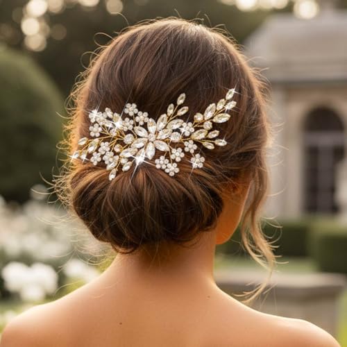 Unsutuo Gold Bridal Hair Comb with Crystal Rhinestones & Pearls - Wedding Hair Accessories for Women & Girls