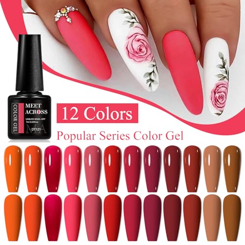 MEET ACROSS 12PCS Gel Nail Polish Set - 3 Fl Oz, Trendy Colors, Long-Lasting, Gift Box