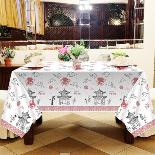 Hibachi Party Table Covers - 3 Pack Disposable Plastic Tablecloths 54x108 Inch for Asian Themed Celebrations