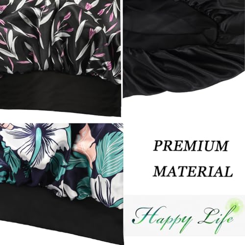 Wbfwbb Black Flower & Leaf Satin Bonnet Set for Long Hair, 3 Pcs