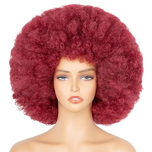 Aminow Burgundy Wine Red 70's Afro Wig for Women - Short Curly Synthetic Costume Hair with Bangs, Glueless & Fluffy for Cosplay & Parties