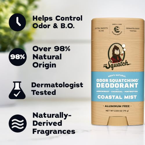 Dr. Squatch Coastal Mist Natural Deodorant - 2.65oz Stick, Aluminum-Free with Charcoal & Postbiotics