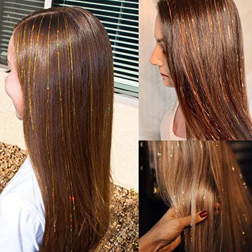 LEILEIXI Shining Gold Hair Tinsel 47 Inch 800 Strands Sparkling Hair Extensions for Kids & Women