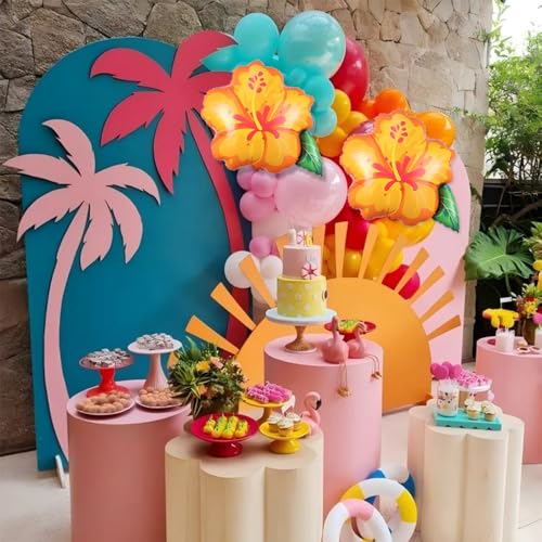 Tropical Hibiscus Flower Foil Balloons & Palm Leaves Set