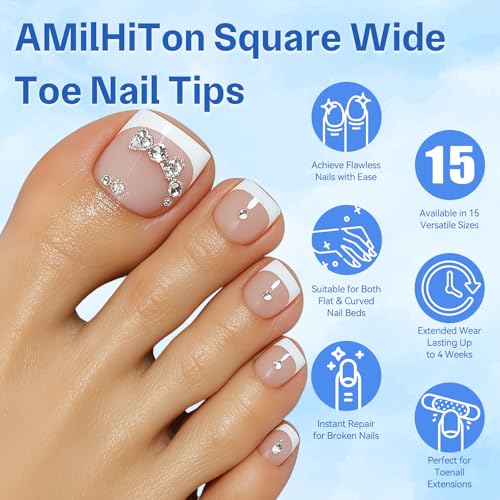 AMilHiTon Thickening Square Toe Nail Tips - 300PCS Full Cover for Wide Long Nails, Matte Pre-Shaped Toenails, 15 Sizes, Home DIY Pedicure, Listing: ThickeningSquareTOE-300