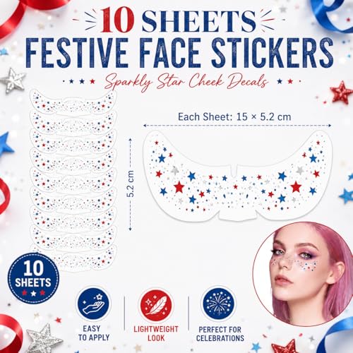 Patriotic Face Stickers - 10 Pcs Red White Blue Star Tattoos for Women