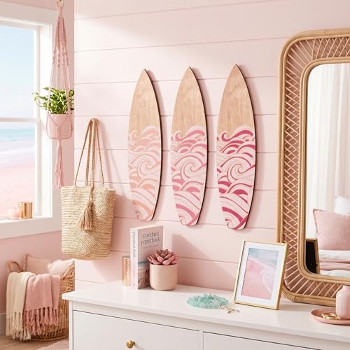 Surfboard Wall Decor Set - 3 Pink Wooden Beach Art Pieces