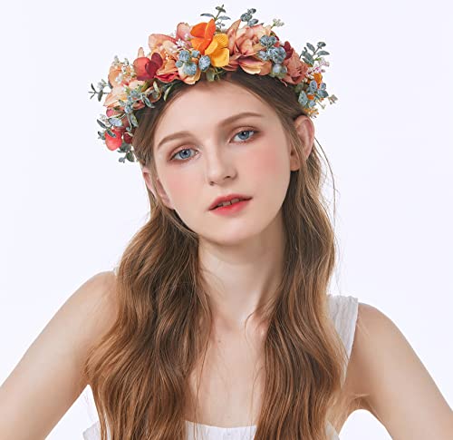 LLinfflr Adjustable Floral Halo Headband for Weddings and Parties - Orange, W Variant