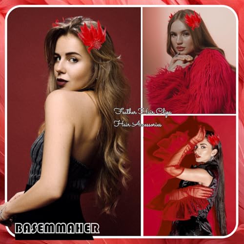 Red Feather Hair Clips - 2 Pcs Ballet Style Crystal Flower Barrettes