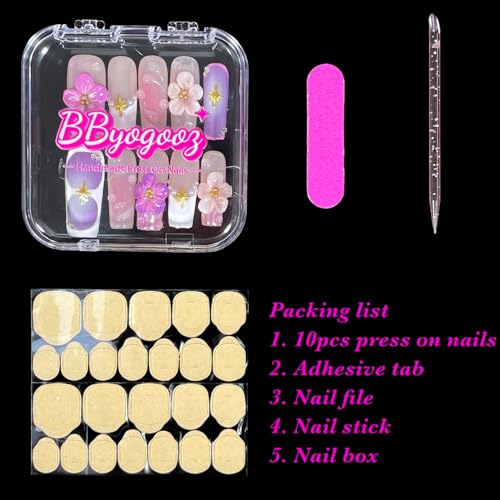 BByogooz Handmade 3D Sakura Press On Nails - Square French Tip Acrylic Set