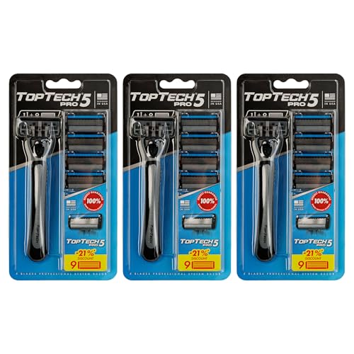 TopTech PRO 5 Men's Razor Set with 3 Handles & 27 Refills - 30 Count Pack, 5-Blade Technology, Soft & Sharp Blades