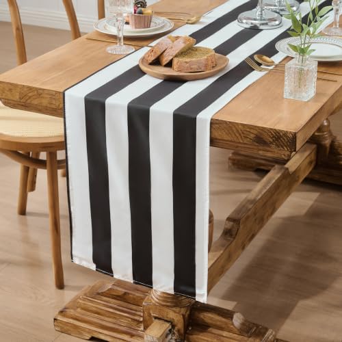 Waterproof Black and White Striped Table Runner 14"x72" for Dining & Events