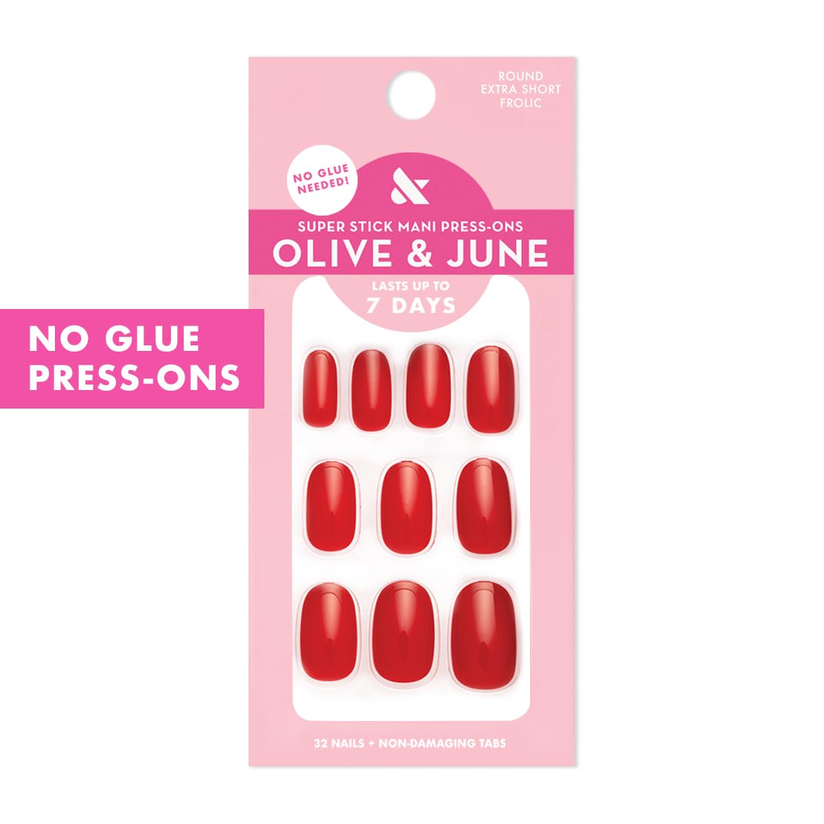 Olive & June Classic Super Stick Mani Summer Press On Nails | No Glue Needed | 32 Tab Nails 16 Sizes | Non-Toxic Tabs Easy On-Off Non-Damaging | 7-Day Wear | Short, Round | Lollipop Cherry Red