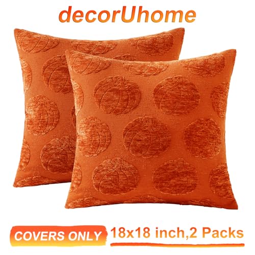 Chenille Pumpkin Throw Pillow Covers 18x18 - Set of 2 for Fall Decor