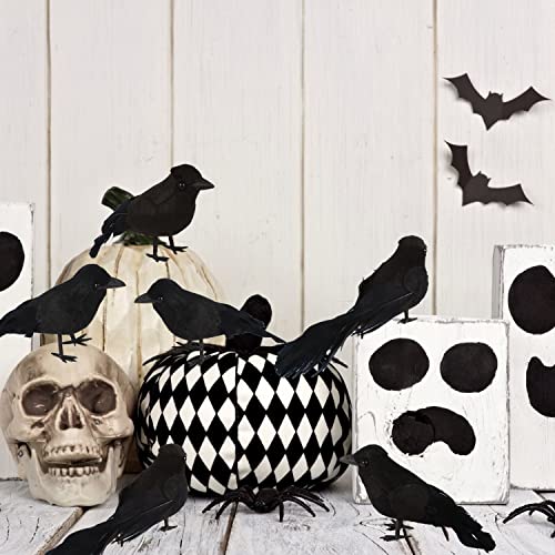 KIMOBER 6PCS Realistic Black Feathered Crows for Halloween Decor