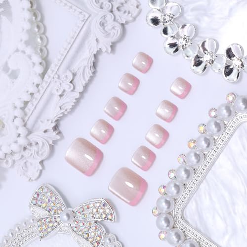 KEHKFSEF French Tip Press-On Toenails Short Square 14 Pink Glitter Fake Nails Spring Summer