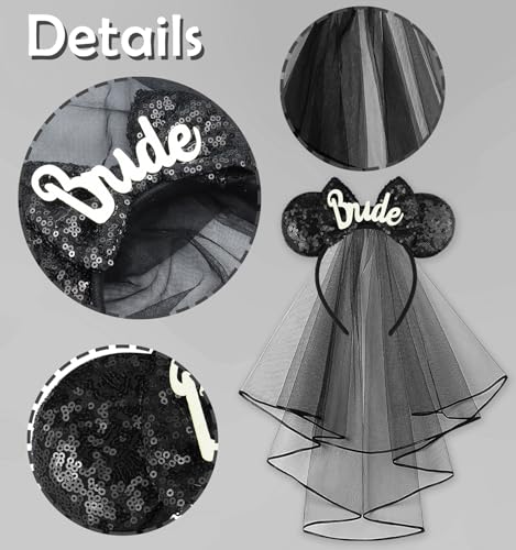 LIHELEI Black Bridal Mouse Ear Headband with Veil for Halloween Bachelorette Party Women Girls