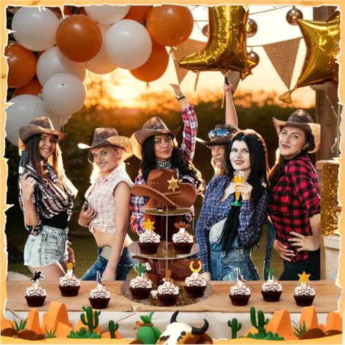 3-Tier Western Cowboy Cupcake Stand with 24 Toppers - Birthday Party Decoration