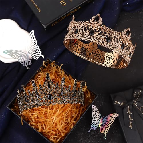Royal King and Queen Crowns Set with Black Rhinestones