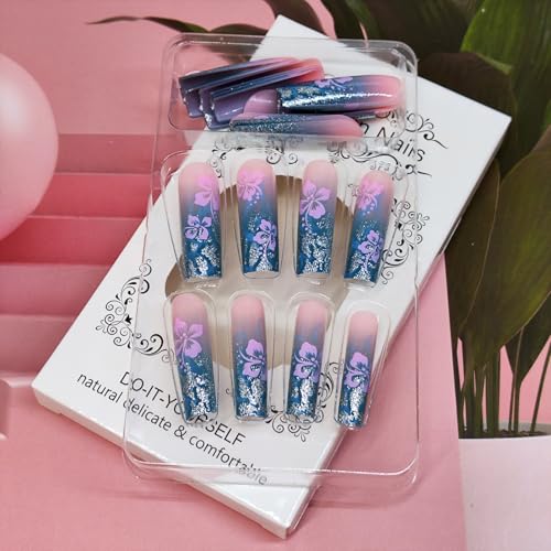 Long Square Press on Nails - Blue Gradient with Pink Floral Glitter