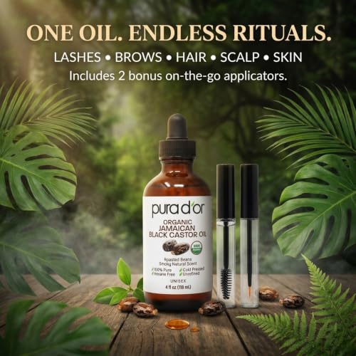 PURA D'OR Organic Jamaican Black Castor Oil with 2 Bonus Brushes for Eyelash & Brow Growth - 4oz