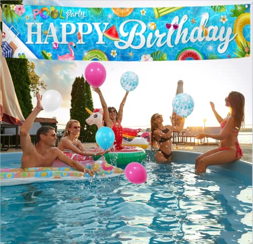 Hawaiian Happy Birthday Pool Party Banner with 30 Balloons - 9.8ft