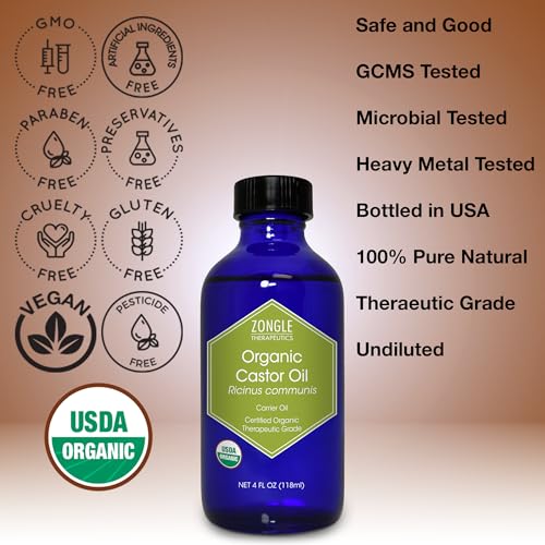 Zongle Therapeutics Organic Castor Oil - 100% Pure Cold Pressed, 4 fl oz
