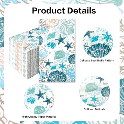 Coastal Beach Paper Napkins - 100 Pack Summer Seashell Design