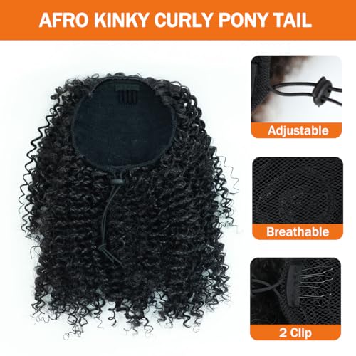 MKJVEN Afro Kinky Curly Drawstring Ponytail 10 Inch - Natural 1B (With Clips)