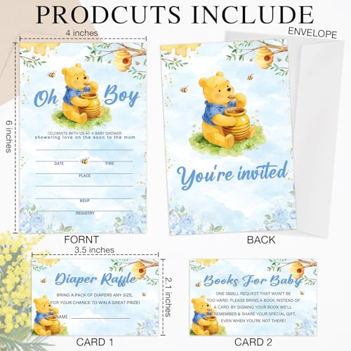 Winnie the Pooh Double-Sided Baby Shower Invitations - 25 Pack with Envelopes