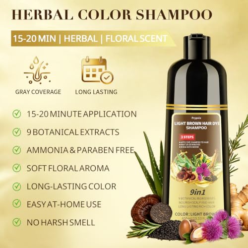 Prypvix Light Brown Hair Dye Shampoo for 100% Gray Coverage, Natural Color & Nourishing Botanicals