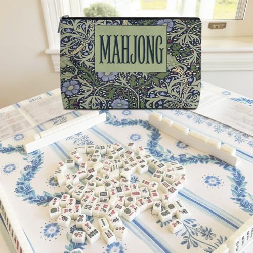 Blue Leaves Multicolor Mahjong Tile Bag American Mahjong Bag Retro Floral Storage Case