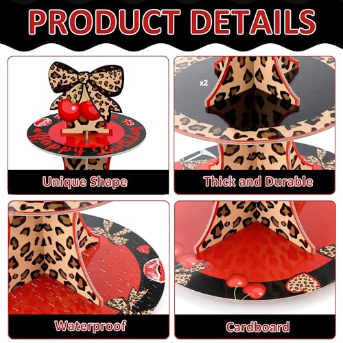 Cheetah Cherry Cupcake Stand Set with 24 Cake Toppers - 3 Tier Leopard Print Dessert Holder for Birthday & Party Decorations