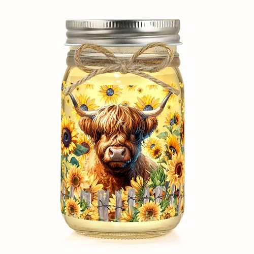 Highland Cow Sunflower Jar - Rustic Decor & Night Light