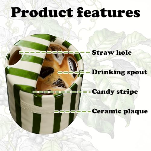 YETESON Retro Handmade Ceramic Travel Coffee Mug - 10oz Green & White Striped