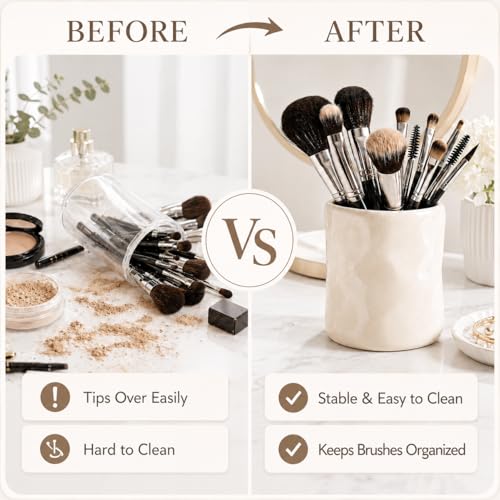 Beige Ceramic Makeup Brush Holder - 12 Oz Vanity Organizer Cup