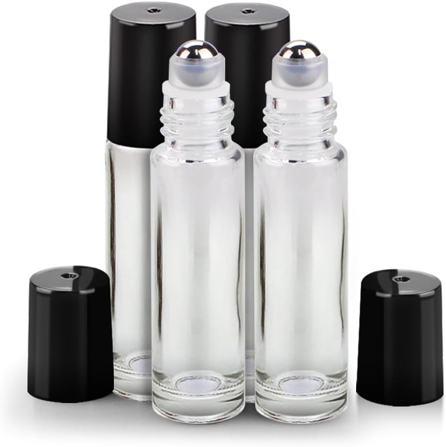 Essential Oil Roller Bottles - 4 Pack 10ml Amber Glass with Stainless Steel Caps | Travel Perfume & Lip Gloss