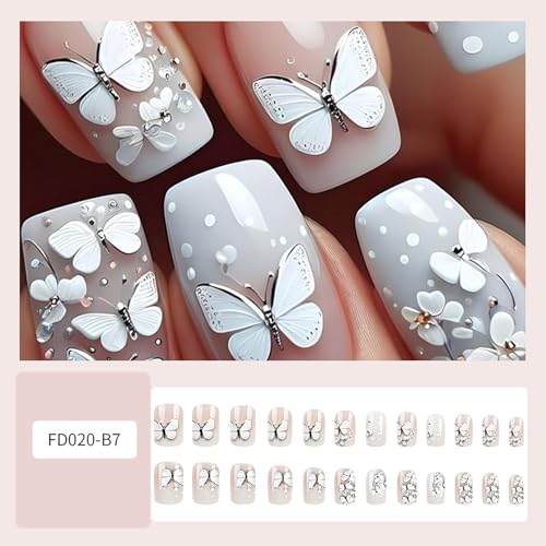 FIEONCIY Short Square Press on Nails with Designs - White Butterfly Floral, Glossy Fake Nails for Women & Girls