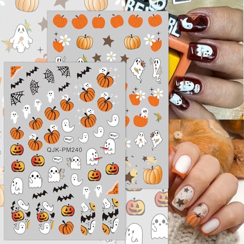 3D Halloween Nail Art Stickers - 8 Sheets Pumpkin, Ghost & Bats