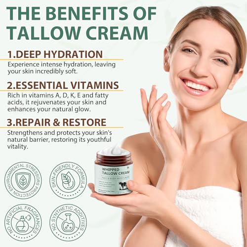 Whipped Beef Tallow Moisturizer - 100% Grass Fed, Nourishing Cream for Face & Body, Deep Hydration, 4.2 Oz