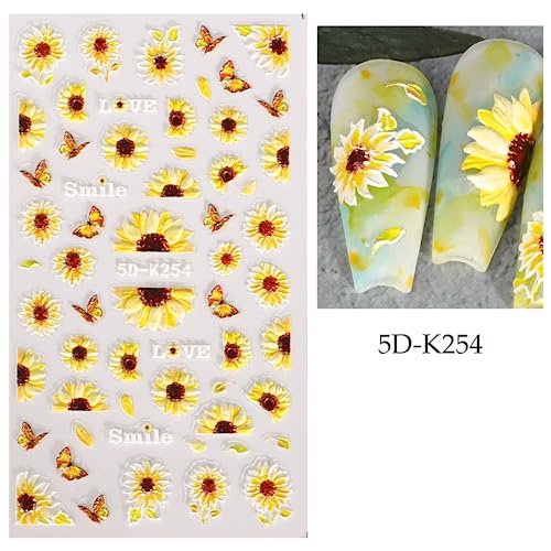 Puyokinm 5D Embossed Sunflower Nail Stickers Self-Adhesive Floral Summer Nail Decals for Women Girls 4 Sheets