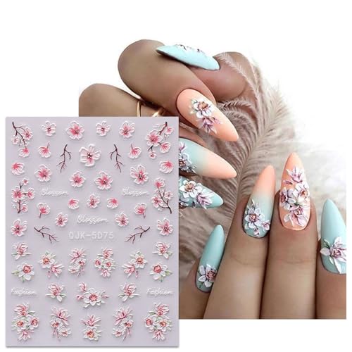 JMEOWIO 6 Sheets 3D Spring Flower Nail Art Stickers